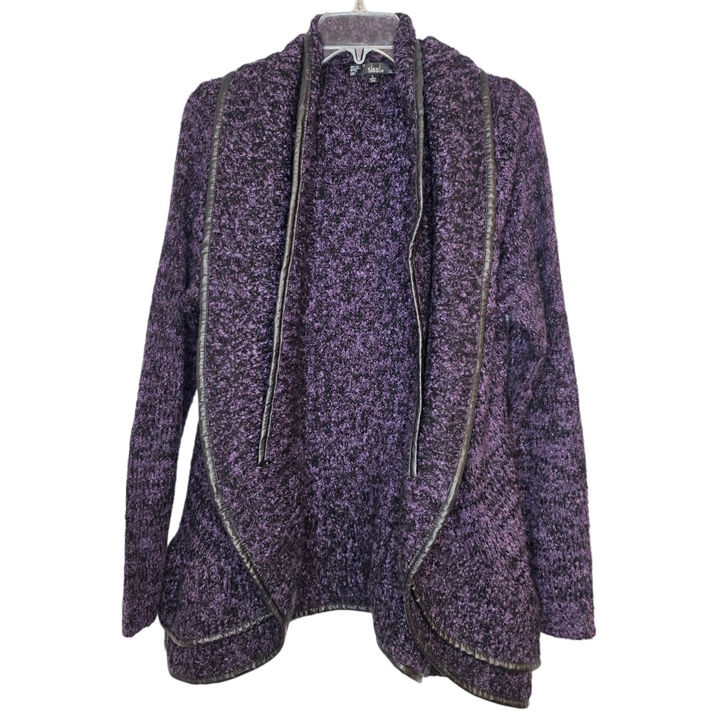 Sioni Purple Black Textured Knit Faux Leather Trim Open Front Cardigan Sweater L